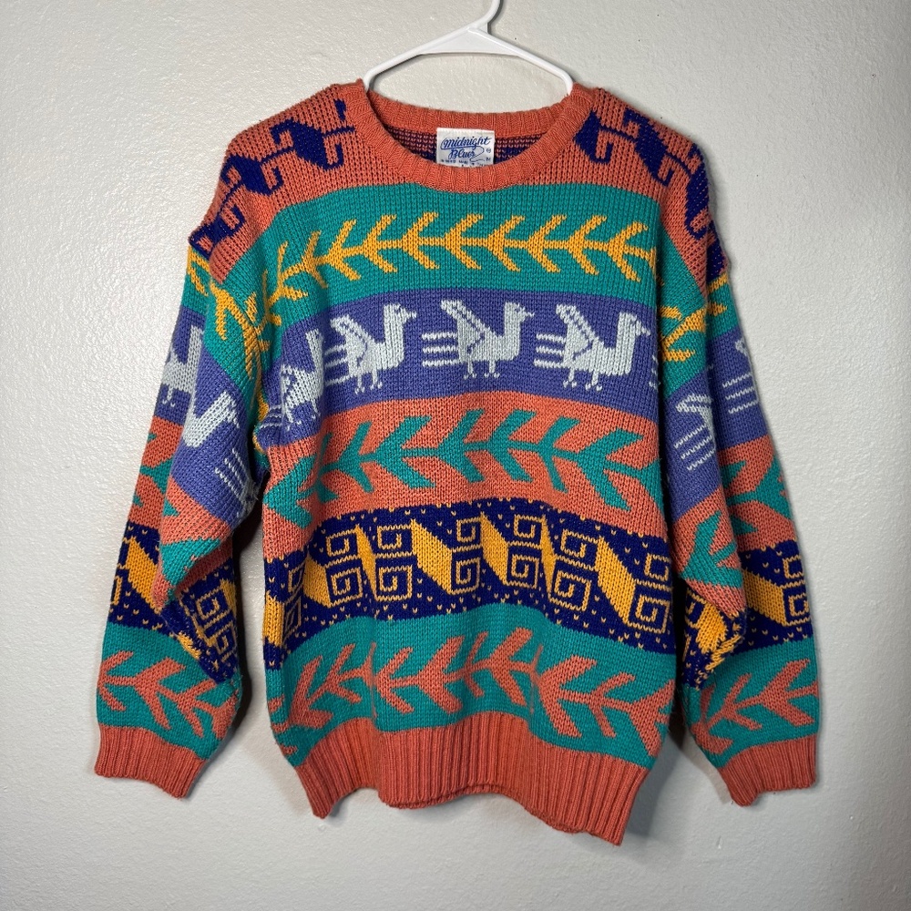 Midnight Blues Vintage Pastel Bird/Striped Print Crewneck Sweater